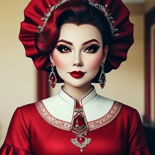 Prompt: Ruby lady-lady, all in red, pretty makeup, elegant, nice clothes, facial closeup