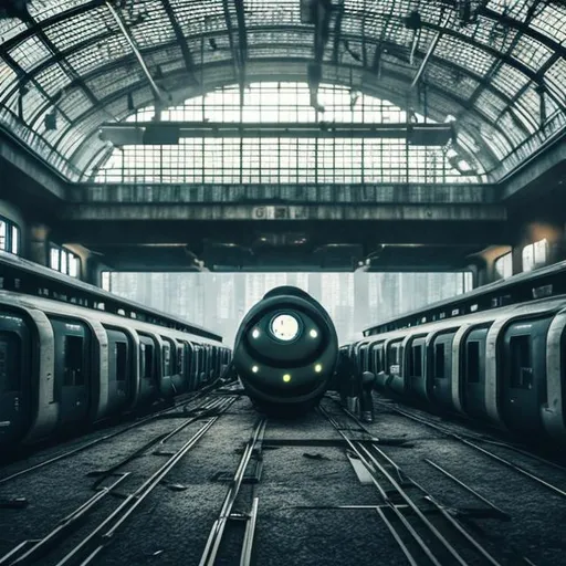 Prompt: Dystopian train in a terminal
