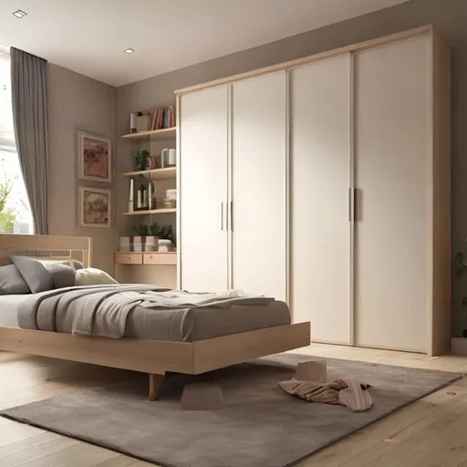 Prompt: create a bedroom with a sliding wardrobe and bed with two side tables and a dressing area show the picture from the front side
