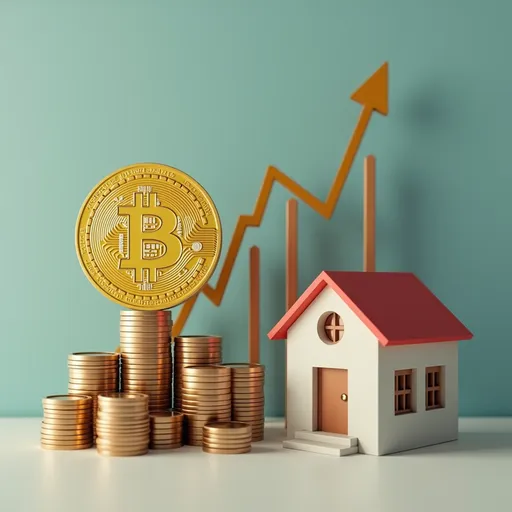 Prompt: a house with a bitcoin on top of it next to stacks of coins and a house model, Edi Rama, a stock photo, a chart arrow going up  