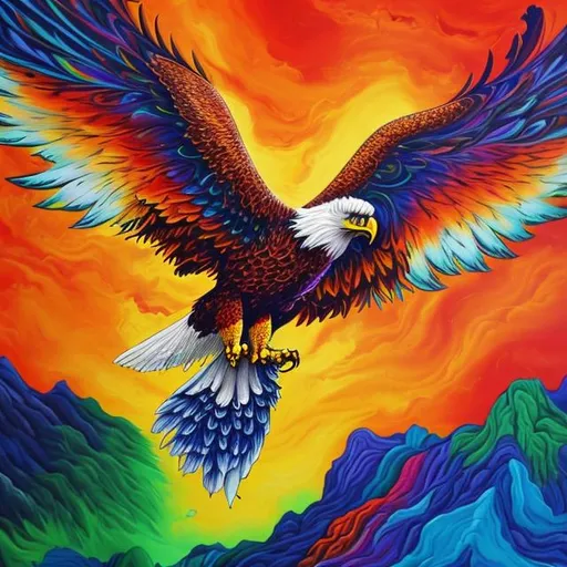 Prompt: Psychedelic painting of an eagle flying over a mountain, the colours are bright
