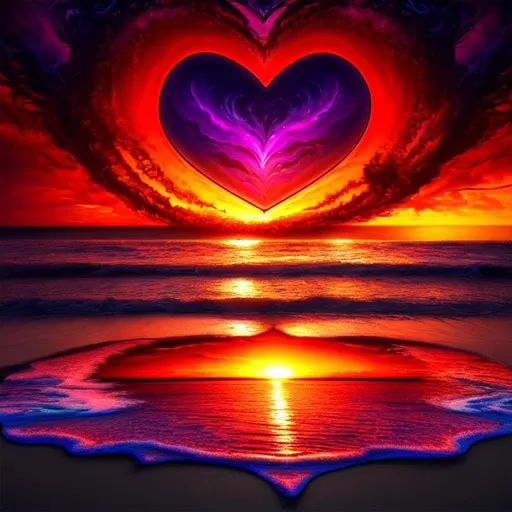 Prompt: Beautiful, Epic, Amazing, dark, 3D, HD, wax, Beautiful {heart-shaped Sunset} Looking off the beach towards the ocean), freeform psychedelic chaos ultra HD, digital painting,  Tropical background, uber detailed, 64k, high quality, sharp focus, studio photo, intricate details, highly detailed --s98500