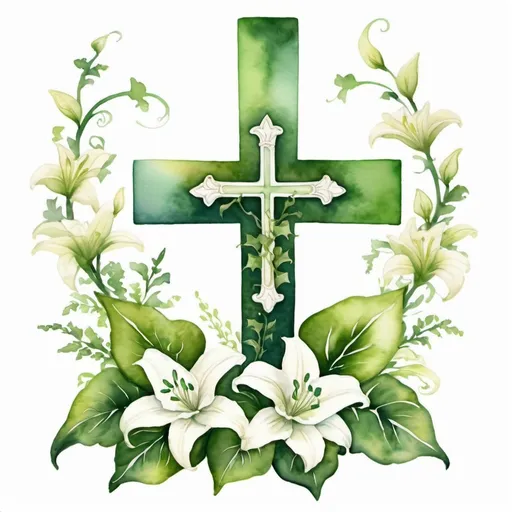 Prompt: water color  cross with green ivy and small white lilies 