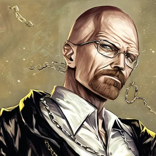 Prompt: Walter White rapping, wearing gold chains