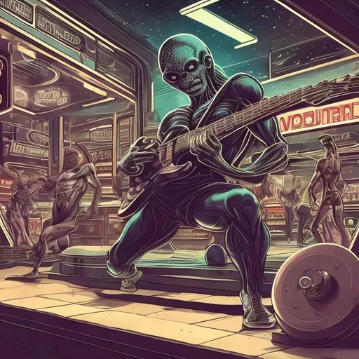 Prompt: Bodybuilding Anti-Laocoon playing guitar for tips in a busy alien mall, widescreen, infinity vanishing point, galaxy background