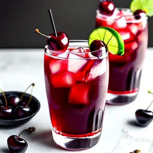 Prompt: a mixed drink using black rum and black cherry syrup served with ice