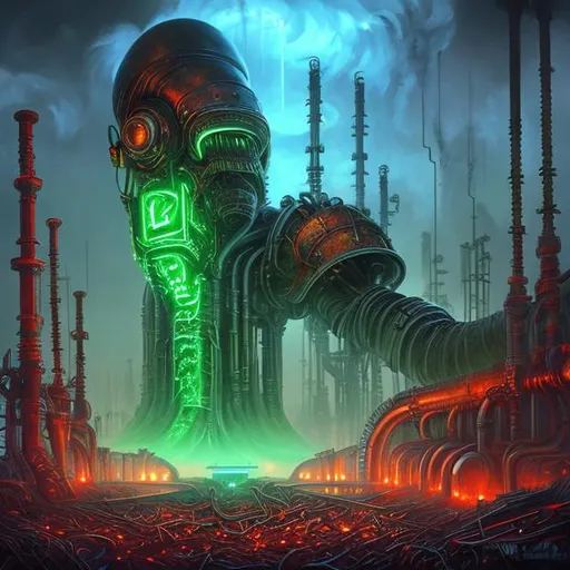 Prompt: Fantasy art style, painting, metal, chrome, Evil, dictatorship, green neon lights, neon lights, green lights, futuristic, power plant, nuclear power, biological mechanical, dystopian, war machine, pipes, tubes, cables, nuclear weapons, weapons, monolith, eyes, teeth, brutalist, fog, smog