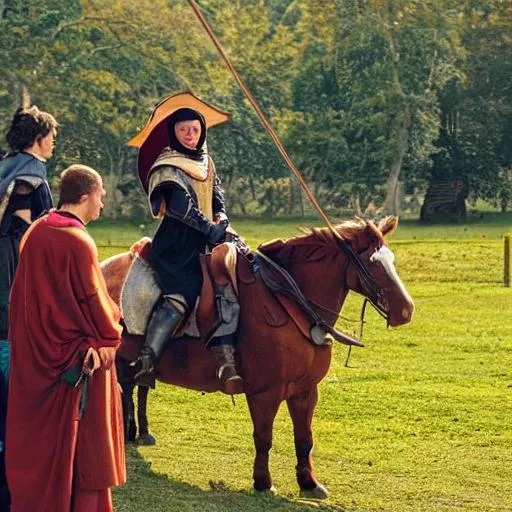 Prompt: a medival teenager on a horse with people beside him