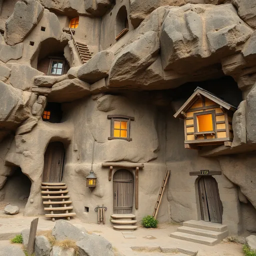 Prompt: Create an image of pre-industrial homes carved into and built within rocky outcroppings and cliffs, such that most of each home is hidden within the rock, with only doors and windows visible from the outside.

 

The homes are primitive, yet cozy. Hidden, embedded, and deep. Cute and Quirky, yet simple. Wooden ladders.  More windows, fewer doors.