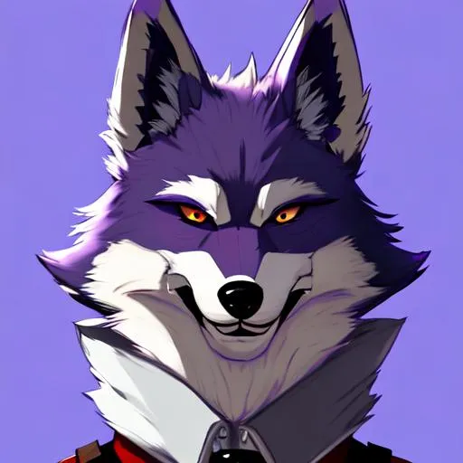 Prompt: Fursona, furry, shifty, anthropomorphic, high quality, blue, fox, husky, fursuit, wolf, purple, black, harness, old, sophisticated, male, cartoon, red eyes