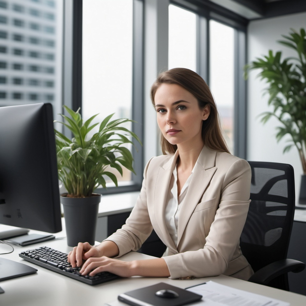 Create an image of a woman sitting at a desk, workin...