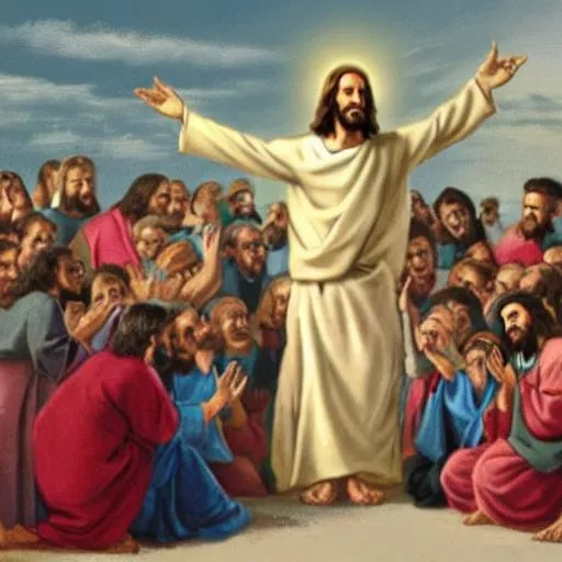 Prompt: Happy Jesus teaching a crowd
