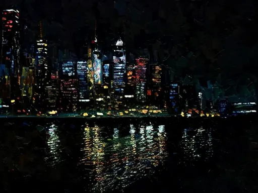 Prompt: Colorful, thick oil impasto York Skyline from 42nd Street Pier, thick oil impasto