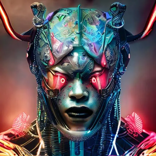 Prompt: Watercolor portrait of a roaring neon hannya with iridescent black markings and a CYBERNETIC face, perfect composition, hyperrealistic, super detailed, 8k, high quality, trending art, trending on artstation, sharp focus, studio photo, intricate details, highly detailed, by greg rutkowski, illustration, watercolor
