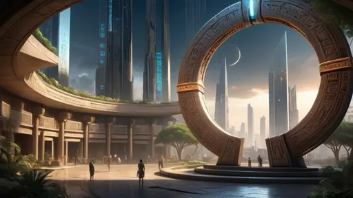 Prompt: magical portal between cities realms worlds kingdoms, circular portal, ring standing on edge, upright ring, freestanding ring, hieroglyphs on ring, complete ring, ancient egyptian architecture, gardens, large wide-open city plaza, turned sideways view, futuristic cyberpunk tech-noir setting