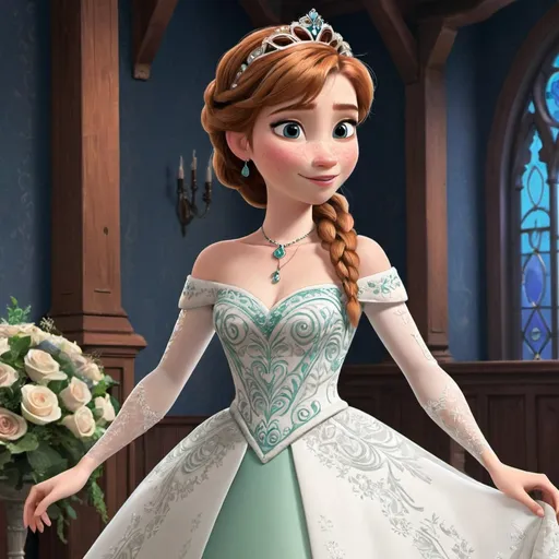 Prompt: 
princess anna in a  wedding dress

