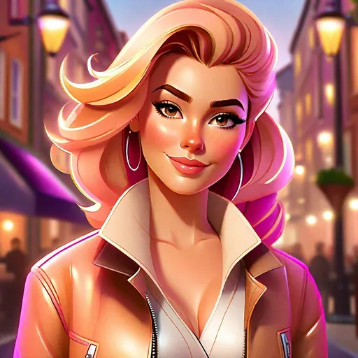 Prompt: Craft a precise, professional-grade, close-up portrait of a young woman, rendered in an animated style, wearing a light brown/beige leather jacket, and a low-cut white crop top revealing a hint of her cleavage. The character's hairstyle should feature long peach hair with a gradient of magenta on the lower strands. She stands in a narrow street of a medieval old town, smiling at the camera, pointing her finger at it. This should be a centered image, emphasizing a detailed face and a meticulously detailed background, with a realistic approach to lighting.

The character's facial features should be intricately detailed and animated in style, encapsulating a youthful, vibrant energy. Her eyes, sparkling with mischief, should engage the viewer as she points towards the camera, creating a playful interaction.

Her outfit should accentuate her animated, lively character, with the jacket adding a layer of chic toughness, contrasted by the subtly suggestive white crop top.

The narrow medieval street forming the backdrop should be detailed extensively. From cobblestones to ancient bricks, ivy-clad walls, weathered wooden doors, and vintage signboards, every element should portray the antique charm of a medieval town.

Lighting should effectively play its role to create a sense of depth and realism. Diffused sunlight streaming from above, creating a soft play of light and shadow on the character and the surroundings, can add an extra layer of visual intrigue.

This image should encapsulate the character's vibrant personality set against an antiquated urban landscape, the playful pose creating a visual narrative that adds to her charisma.