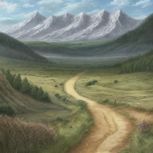 Prompt: grassland, dirt road, fantasy, far away forest and mountains