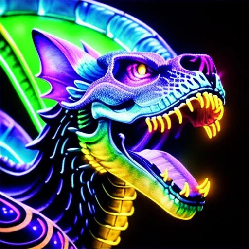 portrait of a roaring neon skeleton dragon with fang...