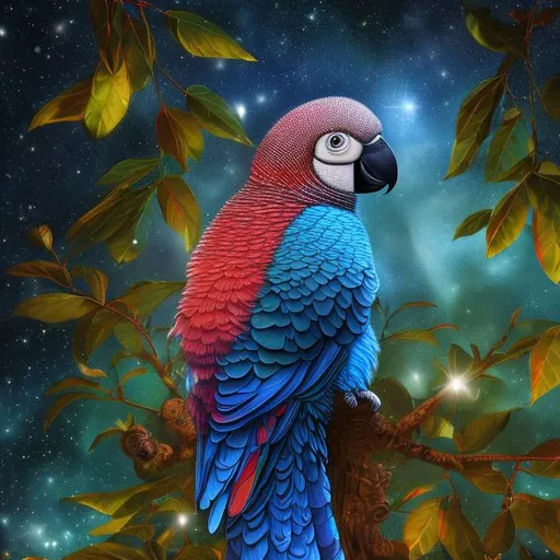 Prompt: An Blue Quaker Parrot that is glowing sitting in a tree, in a cherry forest, beneath the stars, highres, best quality, concept art