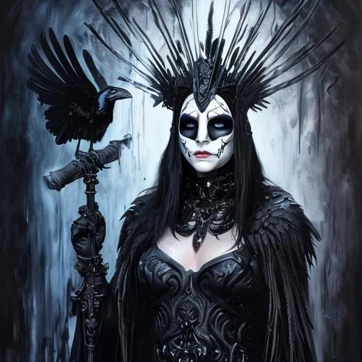 Prompt: raven queen with a white porcelain mask and black feathers all around her full body with a black robe and a dark background with a scepter in her hand

realistic dark oil painting, 8k, many details