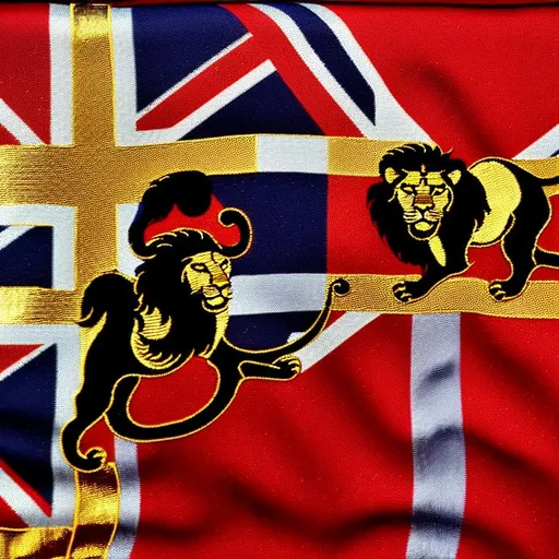 Prompt: British flag design designed from the coats of arms of the British royal family with lion and horse patterns embroidered with gold and silver gilded silver threads on the British flag