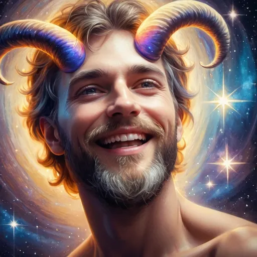 Prompt: Renaissance Art Style, (gay man with a beard), (smiling up) at the (Goddess Nuit), adorned with a shimmering ring, surrounded by (twinkling stars), whimsical and magical atmosphere, cool nighttime tones, celestial backdrop, hint of stardust in the air, adoration reflected in facial expression, blending classical beauty with dreamy ambiance, ultra-detailed, high-quality, masterpiece.