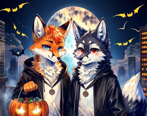 Prompt: score_9, score_8_up, score_8, anthro, duo, (by_konekonoarashi), (wolf, black fur, detailed fur, red eyes, fluffy tail, fluffy fur on the neck), (fox, orange fur, white belly, blue eyes, detailed fur), location city, Halloween theme, mystical atmosphere