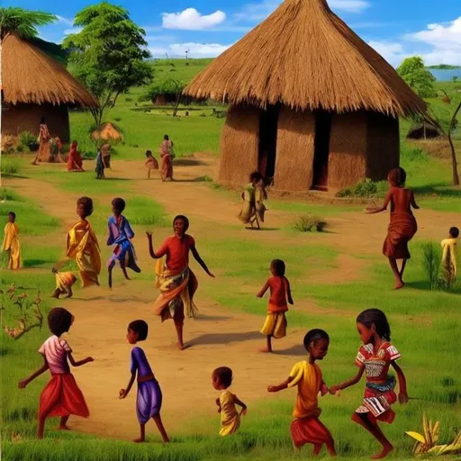 Prompt: unrealistic Ethiopian art people going about in their vilalge kids playing in the grass infront of their hut houses 
