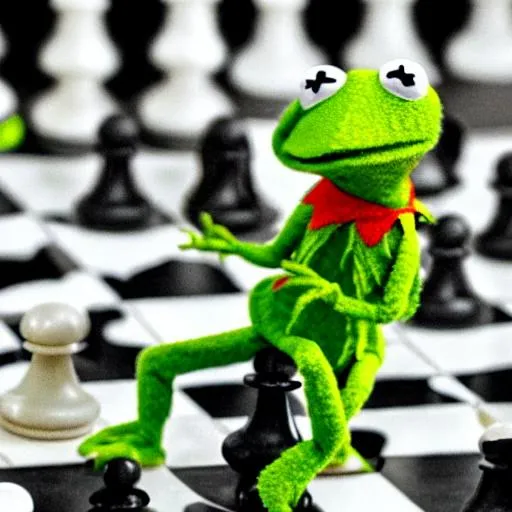 Prompt: kermit the frog playing chess with Death.
