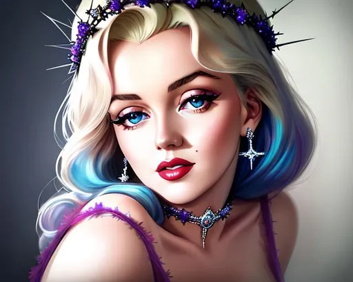 Prompt: portrait of {Marilyn Monroe} with {crown of thorns} placed on her head, smooth soft skin, big dreamy eyes, beautiful intricate colored hair, symmetrical, anime wide eyes, soft lighting, detailed face, concept art, digital painting, looking into camera, crucifixion