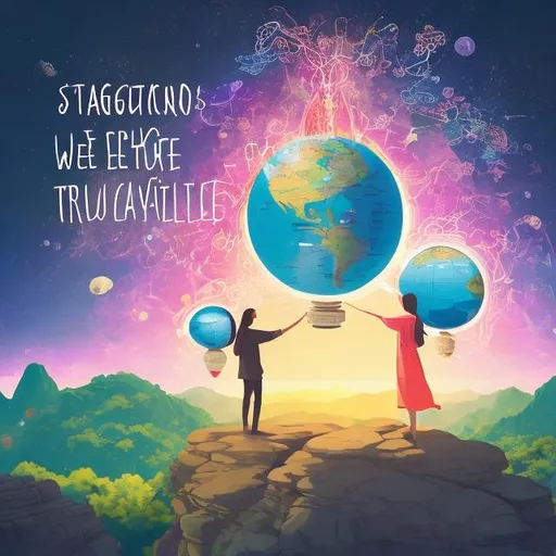 Prompt: Imagine a person standing at the edge of a cliff, with a clear view of a beautiful landscape ahead. The person has their arms outstretched and their eyes closed, as if in deep concentration. From their mind, vibrant thought bubbles are emanating, filled with various images representing their desired outcomes: a diploma symbolizing education, a globe representing travel, a dollar sign representing financial abundance, and so on. These thought bubbles are morphing into physical manifestations that hover in the air around the person, ready to be realized. Birds are soaring above them, representing freedom and endless possibilities. The scene is bathed in warm, golden sunlight, symbolizing positivity and empowerment. This concept visually captures the idea of transforming thoughts into real-world results through the power of manifestation.