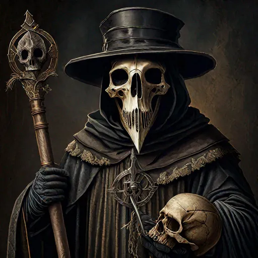 Prompt: to shoulder medieval portrait a plague doctor holding a staff in one hand and a skull in the other hand, high resolution and detail