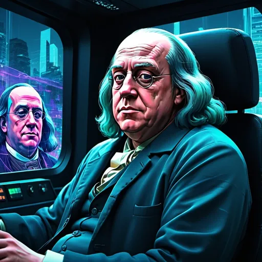 Prompt: Benjamin Franklin in cyber truck, glitch background, digital art, detailed facial features, 4k, ultra-detailed, glitch art, historical figure, futuristic setting, cyber truck design, glitchy atmosphere, intense gaze, high-tech vehicle, glitchy cityscape, cool tones, dramatic lighting