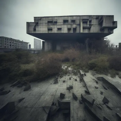 Prompt: a large brutalist architecture, crowded buildings, creepy, unsettling, macabre, wide angle, empty, reclaimed by nature, concept of physics do not apply, 