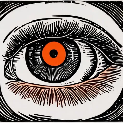 Prompt: A coloured linocut print of an eye. The Iris is a slice of orange.