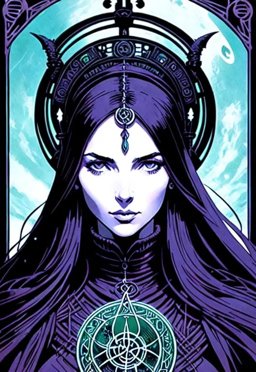 Prompt: tarot card + Celtic goddess portrait, vintage detailed sci-fi illustration designed by Marc Simonetti and Mike Mignola + pentagram + intricate ink illustration + symmetry + bloodborne