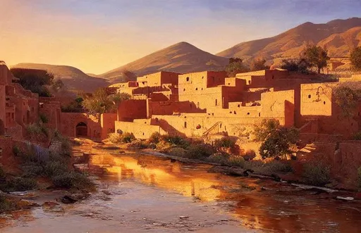 Prompt: High-Quality realist painting of a river crossing a traditional Moroccan village in a valley at dawn, peaceful, sun set, very detailed,excellent lighting, digital art.