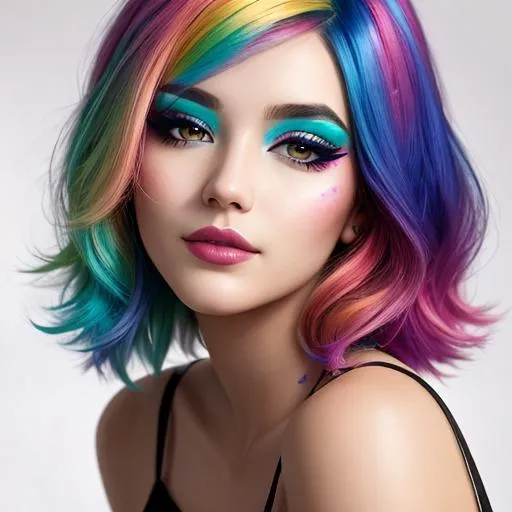 Prompt: Girl with colorful hair,fteal eyeshadow, facial closeup