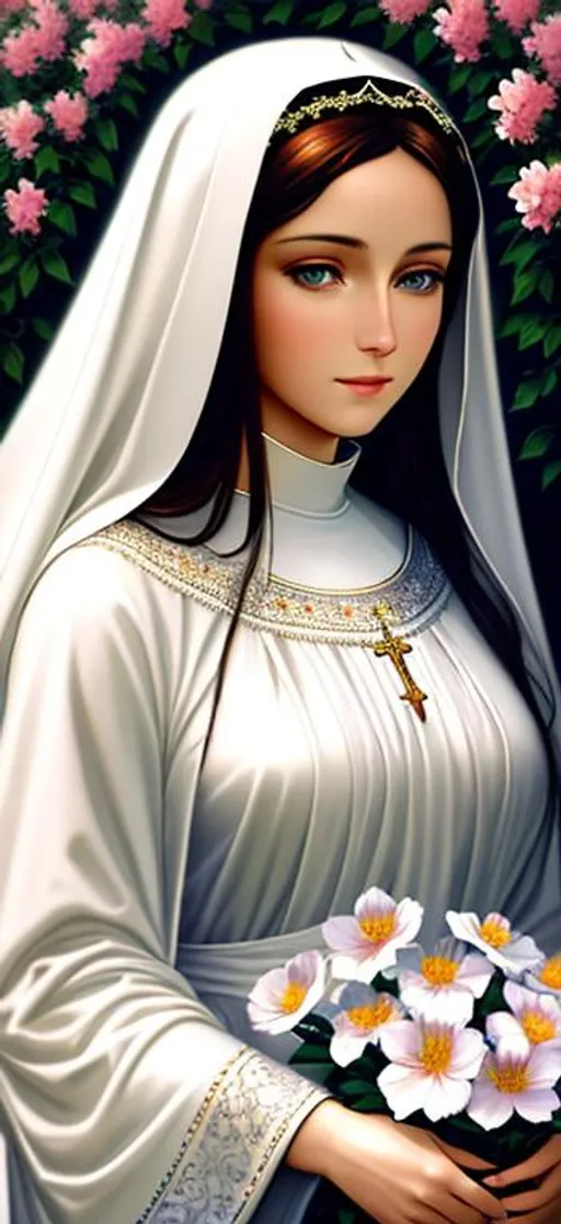 Prompt: Virgin mary, beautiful, simmetrycal, flowers around, beautiful garden, digital painting, detailed face, gray day, volumetric lights, well formed eyes, beatiful eyes, nice eyes, aligned eyes,