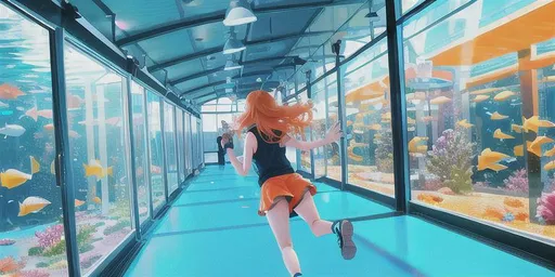 Prompt: orange-haired girl at an aquarium, running happily away from the camera, while looking back and holding out her hand towards the camera. The girl is wearing a brightly colored outfit, reflecting her cheerful and energetic personality. The aquarium is bustling with activity, with crowds of people and families gathered around various exhibits. The lighting inside the aquarium is dim, with the tanks and exhibits illuminated with colorful lights that highlight the underwater creatures. In the background, one can see the silhouette of a giant whale swimming in a massive tank, surrounded by schools of fish. The girl's face is filled with joy and wonder as she explores the aquarium, her hair flowing behind her as she runs. The image captures the sense of awe and excitement that comes with exploring the mysteries of the underwater world