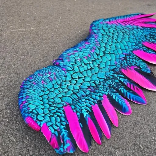 Prompt: neon blue scaly talon long neck wing pink belly  animal