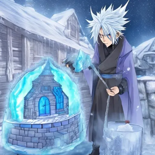 Prompt: Anime ice wizard creating an ice house