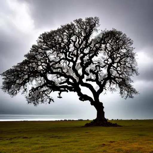 Prompt: create an image of an oak tree standing strong in a driving rain and wind storm
