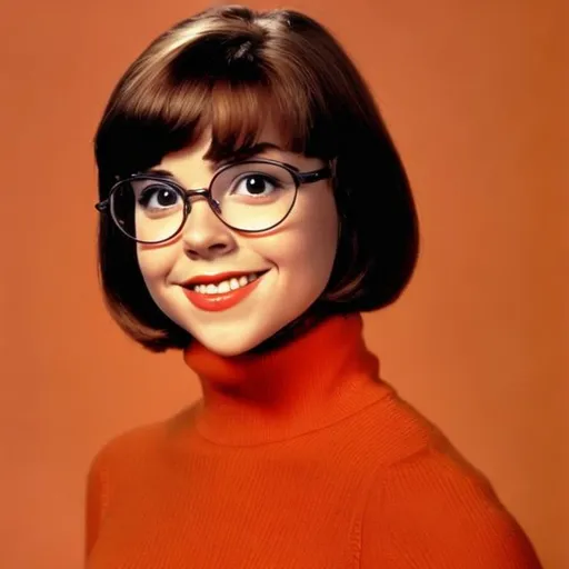 Prompt: Velma Dinkley as a young woman, turtleneck orange sweater