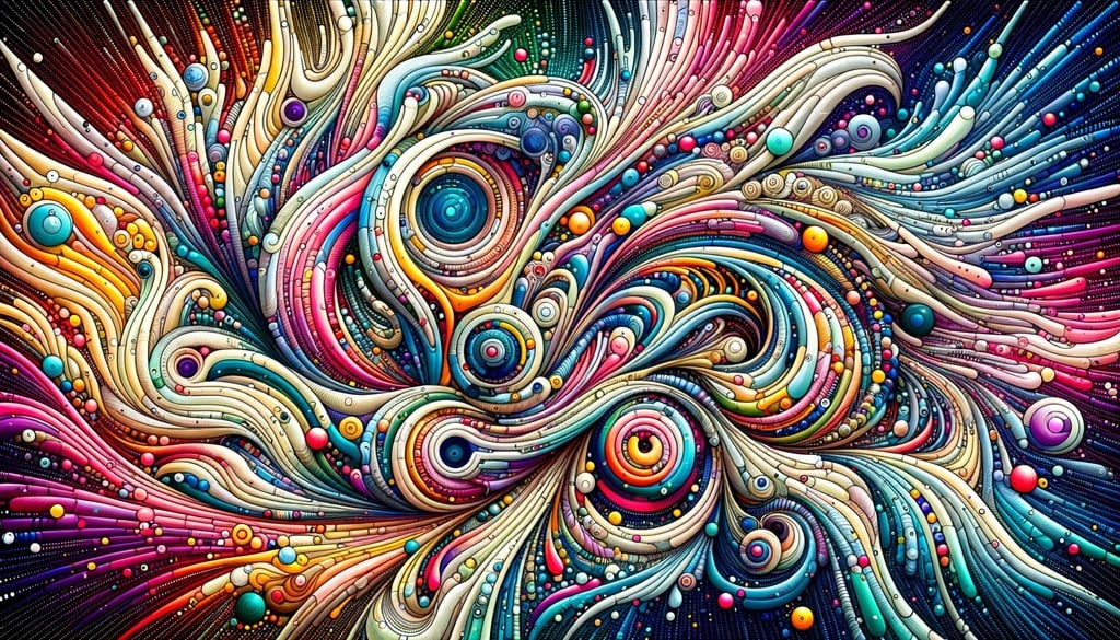 Prompt: an abstract image with colorful outlines and various kinds of shapes and patterns, in the style of fantastical otherworldly visions, precisionism influence, psychedelic realism, three-dimensional space, the stars art group (xing xing), fluid and flowing lines, fantastic creatures