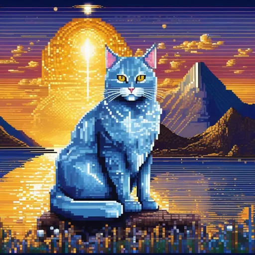 Prompt: (pixel art), 16-bit, beautiful {blue cat}, with {silver eyes}, white chest, presenting magical jewel, looking at viewer, glaring through fourth wall, layers of golden mountain silhouettes, enchanted golden crystal lake, fantasy, retro, twilight, highly detailed, golden jewel on forehead, beautifully detailed shading, scenic, complementary colors, golden ratio, character concept, artstation, perfect composition, beautiful proportions