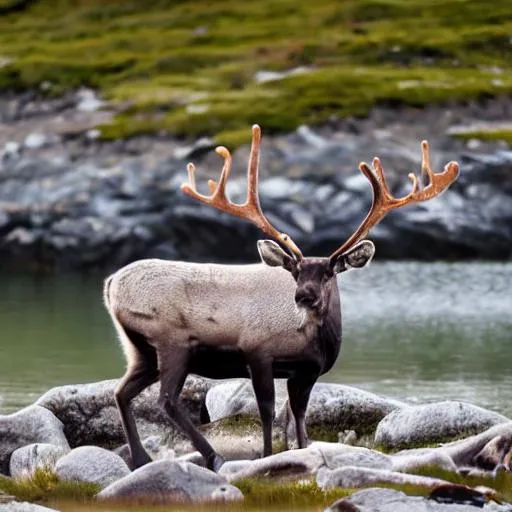 Prompt: a heard of caribou on rocks beside a lake surrounded by a the artic sea  
