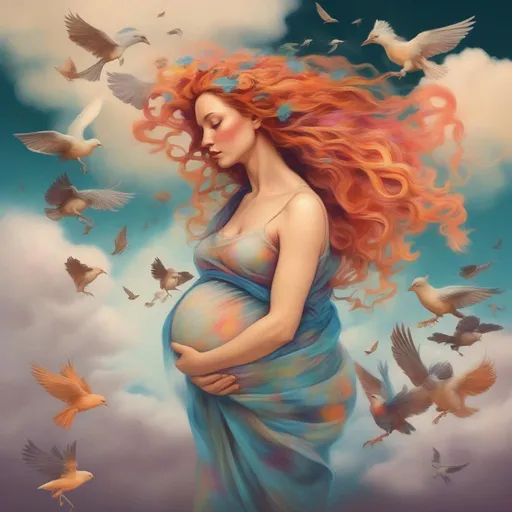 Prompt: A colourful and beautiful Persephone, with her hair being made out of clouds, pregnant and cradling her  with birds in flight around her in a painted style