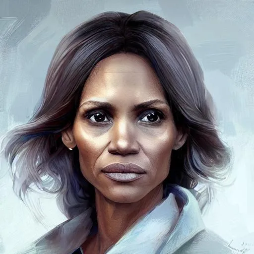 Prompt: Portrait of maci holloway, first woman elected as president in usa, cold but beautiful, about 3 5 years old, highly detailed, mix of halle berry and julia roberts, artstation hd, deviantart, by artgem, greg rutkowski